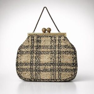 Vintage Tweed Kiss-Lock Evening Bag | Chain Handle | Classic Neutral Plaid
